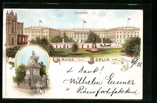 Lithographie Berlin, Universität, Denkmal Kaiserin Augusta