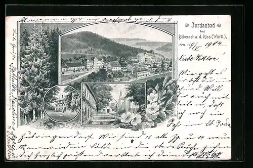 Lithographie Jordanbad bei Biberach, Ortsansicht aus der Vogelschau, Strassenpartie, Pflanzenmotiv