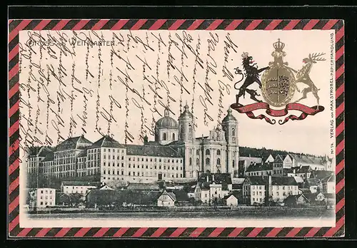 Präge-AK Weingarten, Gebäudeansicht, Wappen