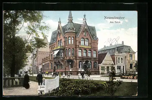 AK Neumünster, Am Teich (Strasse) mit R. Hieronymus Buchdruckerei