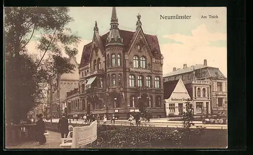 AK Neumünster, Strassenpartie Am Teich, R. Hieronymus Buchdruckerei, Gasthaus