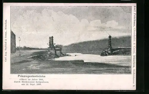 AK München, Prinzregentenbrücke, durch Hochwasser fortgerissen am 14. Sept. 1899, Unwetter