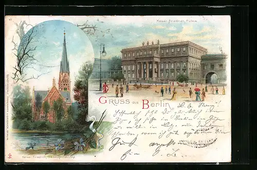 Lithographie Berlin, Kaiser Friedrich Palais, Kaiser Friedrich Gedächtniskirche