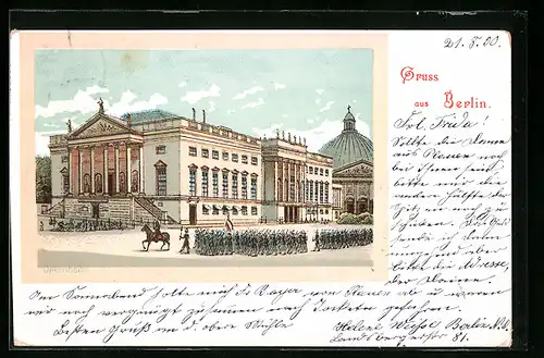 Lithographie Berlin, Opernhaus mit Militärparade