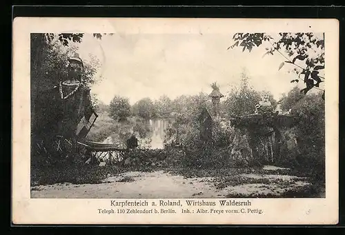 AK Zehlendorf b. Berlin, Karpfenteich a. Roland, Wirtshaus Waldesruh, Inh. Albr. Freye