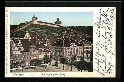 AK Esslingen, Marktplatz mit Burg, mit leuchtenden Fenstern
