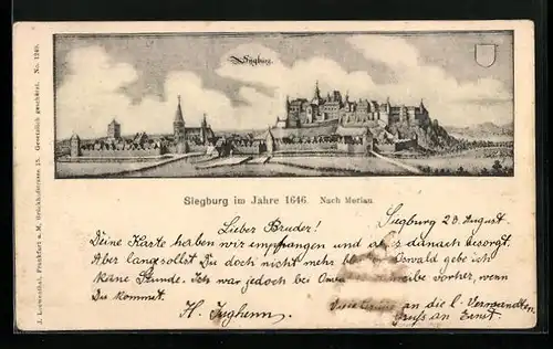 Künstler-AK Siegburg, Gesamtansicht nach Merian, 1646