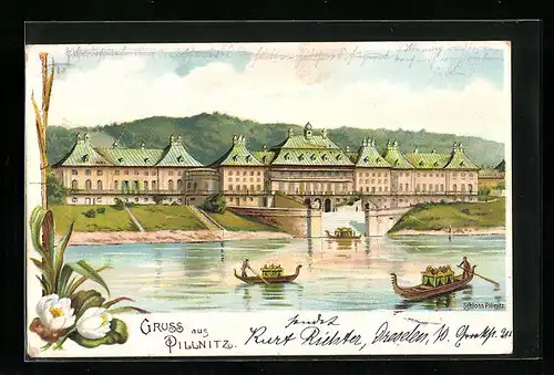 Lithographie Dresden-Pillnitz, Schloss und Gondeln