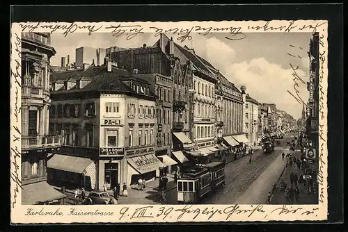 AK Karlsruhe, Strassenbahn in der Kaiserstrasse