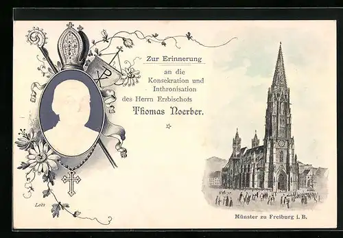 Präge-Lithographie Freiburg i. B., Konterfei des Erzbischof Thomas Noerber, Münster