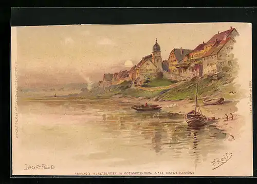 Lithographie Jagstfeld, Uferpartie mit Booten