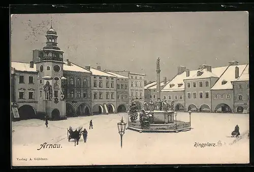 AK Arnau, Ringplatz mit Denkmal im Schnee