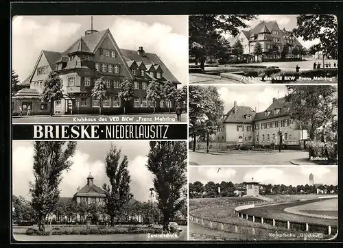 AK Brieske i. Niederlausitz, Rathaus, Kampfbahn Glückauf, Klubhaus des VEB BKW Franz Mehring