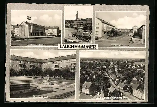 AK Lauchhammer, Blick auf den Markt und Autobahnhof, Partie am Kindergarten des VEB Braunkohlekombinat