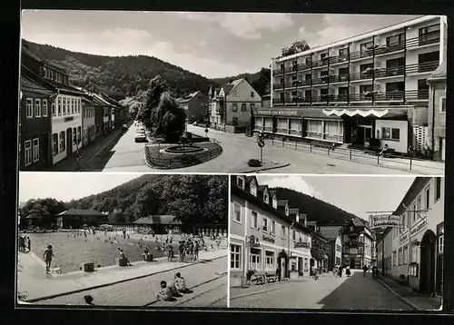 AK Leutenberg i. Thür., Ortsansicht, Gaststätte Weisses Lamm, Schwimmbad