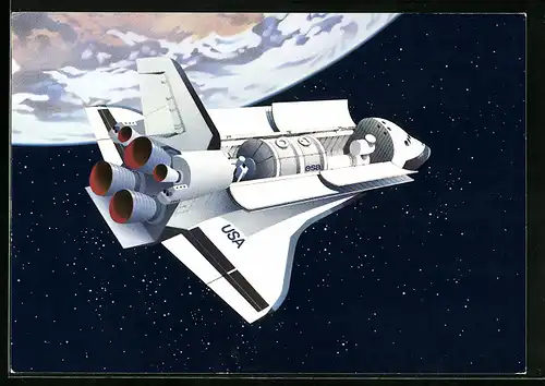 Künstler-AK Space Shuttle der NASA mit ESA-Modul im Frachtraum, Ganzsache