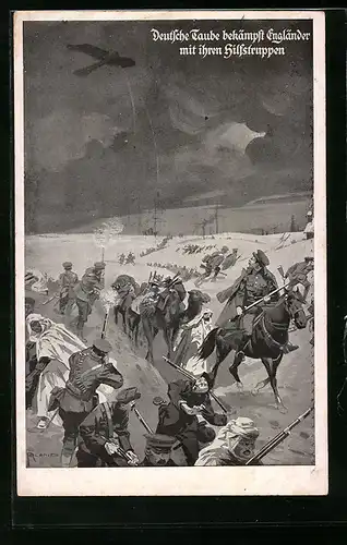 AK Flugzeug, Deutsche Taube bekämpft Engländer mit ihren Hilfstruppen