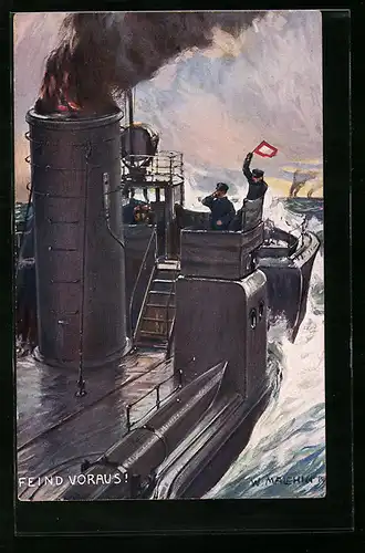 Künstler-AK sign. W. Malchin: Feind voraus! Torpedoboot auf hoher See