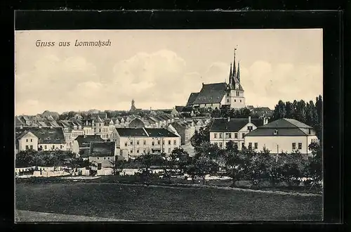 AK Lommatzsch, Ortsansicht mit Kirche