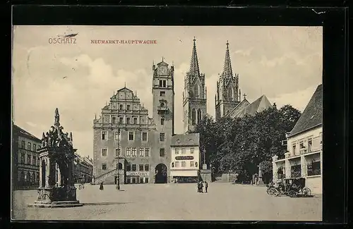 AK Oschatz, Markt mit Rathaus, Kirche, Brunnen und Geschäften