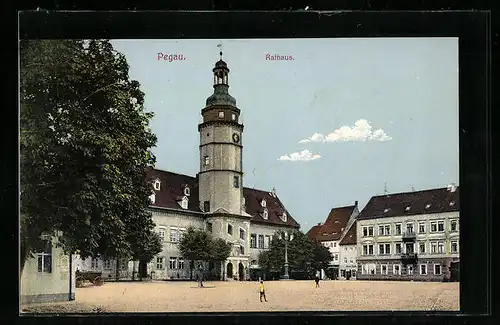 AK Pegau, Rathaus mit Marktplatz