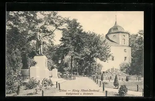 AK Zittau, König Albert-Denkmal, Stadtgärtnerei und Blumenuhr