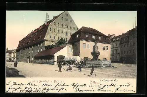 AK Zittau, Untere Neustadt m. Marstall und Brunnen