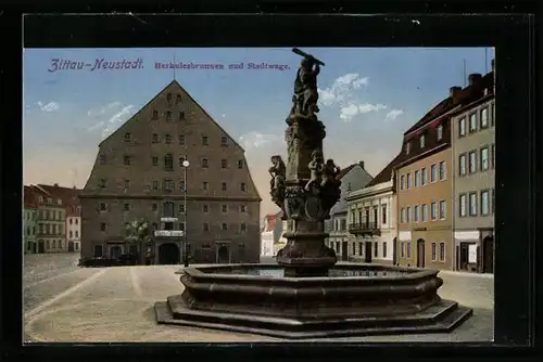 AK Zittau-Neustadt, Herkulesbrunnen und Stadtwaage