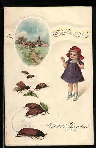 Präge-AK Kleines Mädchen freut sich über Maikäfer, Pfingstgruss