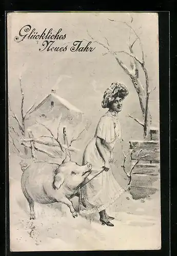 AK Dame mit Schwein an der Leine, Neujahrsgruss