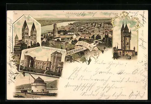 Lithographie Andernach, Ruine der churfürstlichen Burg, Drei-Kaiser-Turm, Dom