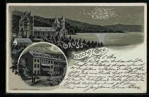 Mondschein-Lithographie Maria Laach, Hotel Maria Laach, Laacher See und Schloss