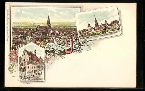Lithographie Ulm, Teilansicht mit Münster, Rathaus, Uferpartie