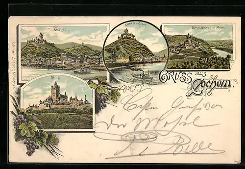Lithographie Cochem, Teilansicht von Süden, Burg und Blick auf die Mosel, Uferpartie