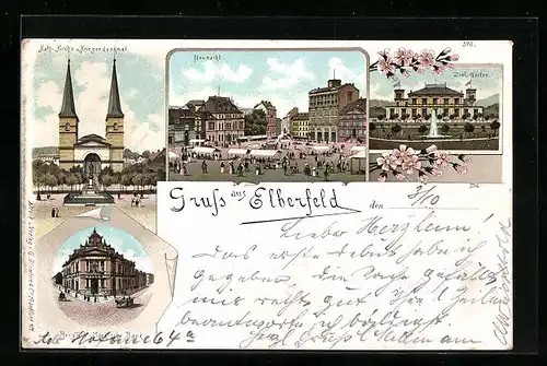 Lithographie Elberfeld, Bergisch-Märkische Bank, Katholische Kirche und Kriegerdenkmal, Neumarkt