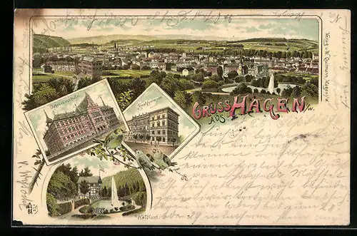 Lithographie Hagen i. W., Hotel Waldlust, Gewerbeschule, Realgymnasium