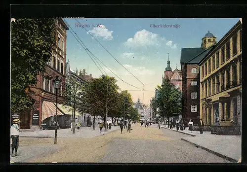 AK Hagen i. W., Elberfelderstrasse mit Geschäften