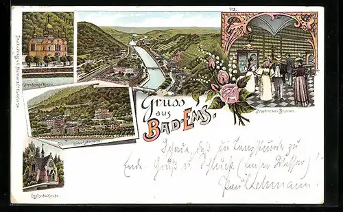 Lithographie Bad-Ems, Griechische Kirche, Englische Kirche, Linke Lahnseite