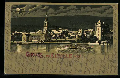 Lithographie Eltville a. Rh., Uferpartie mit Kirche bei Mondschein