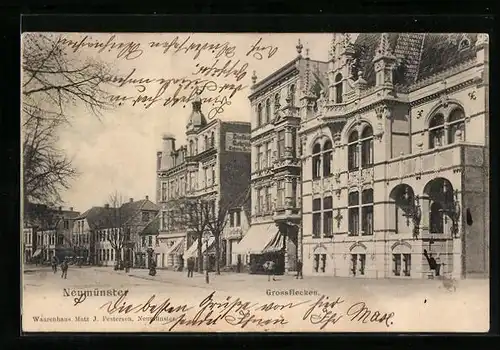 AK Neumünster, Strasse Grossflecken mit Geschäften