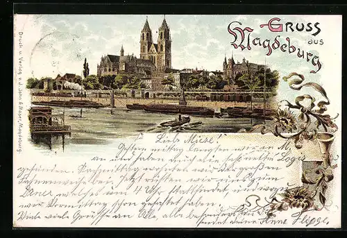 Lithographie Magdeburg, Uferpartie mit Kirche
