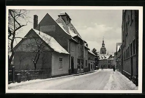 AK Zella-Mehlis i. Th., Blick vom Stadtcafe zur Kirche im Winter