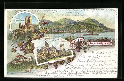 Lithographie Königswinter, Restaurant auf dem Drachenfels, Drachenburg, Ruine Drachenfels