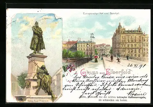 Lithographie Elberfeld, Hotel Europäischer Hof und Bahnhof, Denkmal Kaiser Friedrich III.