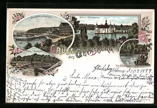 Lithographie Glücksburg, Standhotel und Logierhaus, Schloss Glücksburg, Brücke bei Quellenthal