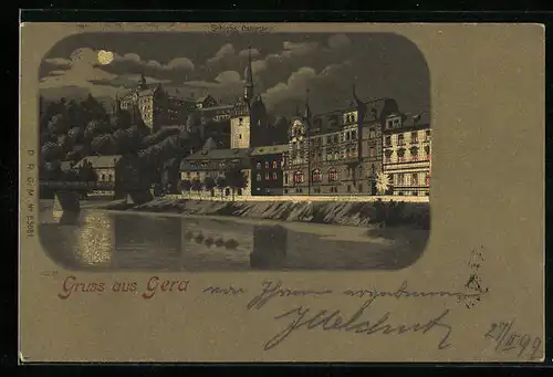 Lithographie Gera, Uferpartie bei Mondschein