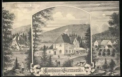 Künstler-AK Leonberg, Kurhaus-Glemseck, Jagdhaus Hubertusbrunn, Seehaus bei Mondschein