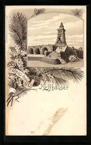 Lithographie Kyffhäuser, Blick aufs Kaiser-Wilhelm Denkmal
