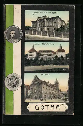 AK Gotha, Lebensversicherungsbank, Schloss Friedenstein, Rathaus, Herzog Carl Eduard von Sachsen-Coburg-Gotha