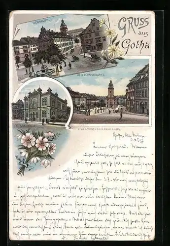 Lithographie Gotha, Freimaurer-Loge, Hauptmarkt, Rathaus